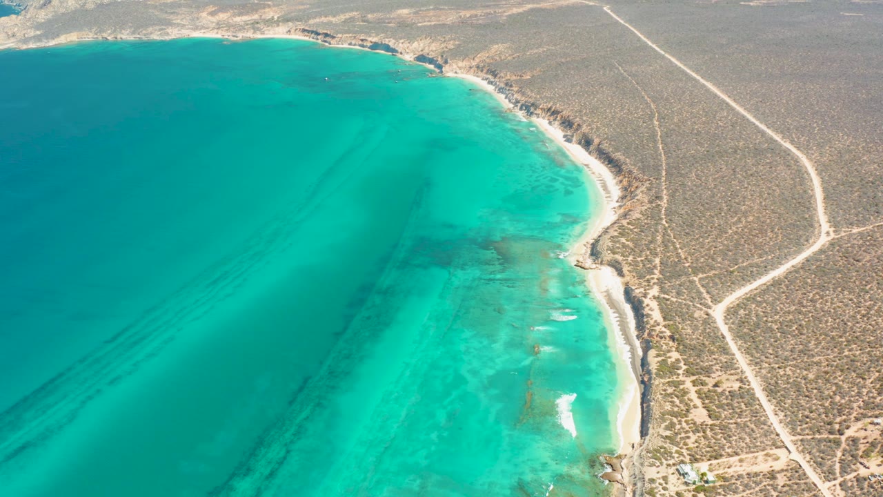 Aerial frame of the Cabo Pulmo shore where the coastline curves around turquoise water, with pale roads cutting through dry scrub and no visible people.