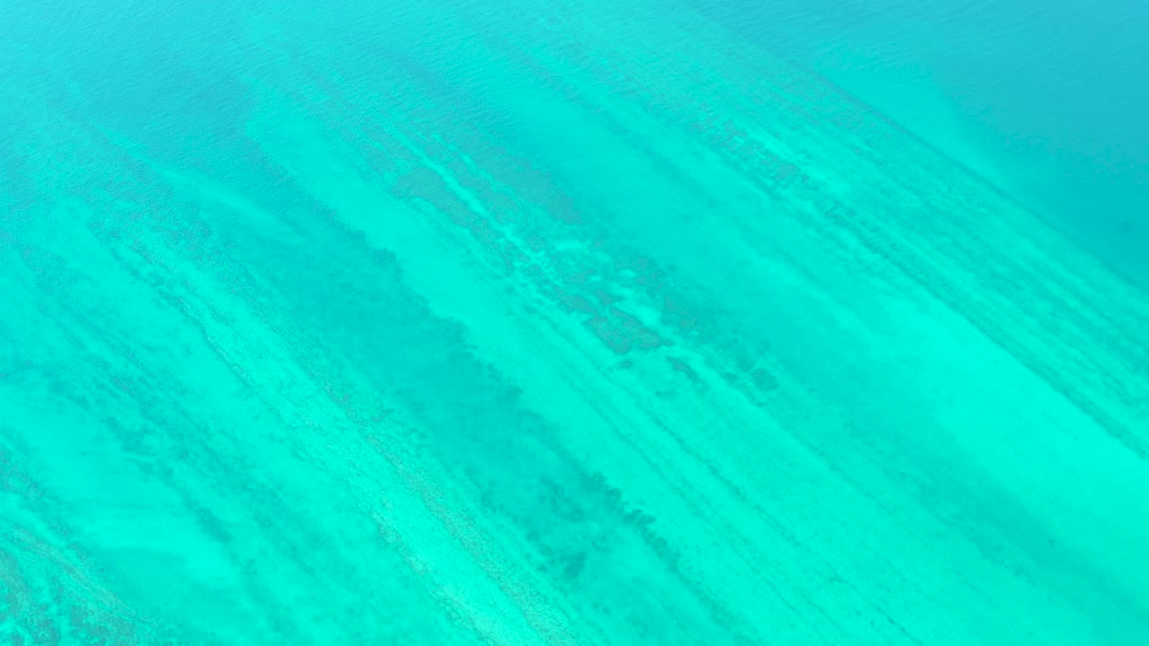 Clear blue-green water shows darker coral lines running diagonally across the seabed in Cabo Pulmo, Mexico, with no visible people.