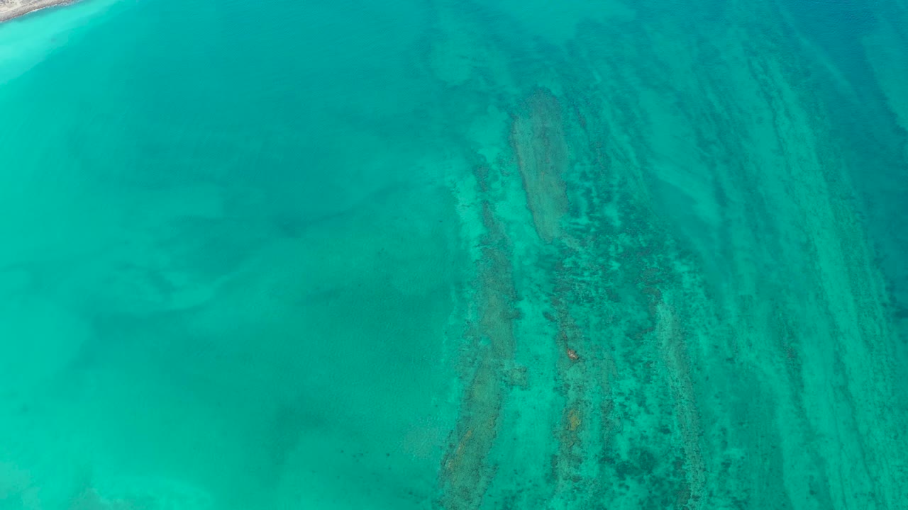 Cabo Pulmo turquoise shallows with a small sandy shoreline point entering at the upper-left edge and reef texture below the water, with no visible people.