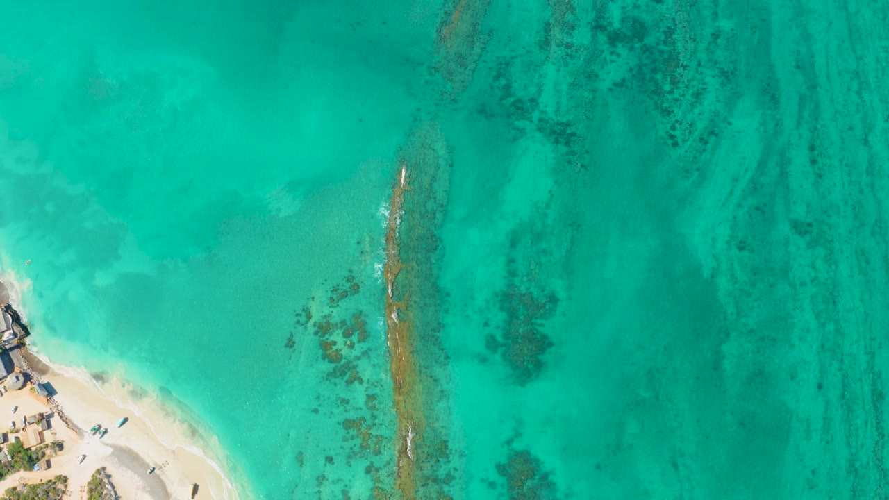 Mid-clip overhead frame from Cabo Pulmo with shallow aqua water, a pale sand corner at lower left, the boat near shore, scattered reef texture, and no visible people.