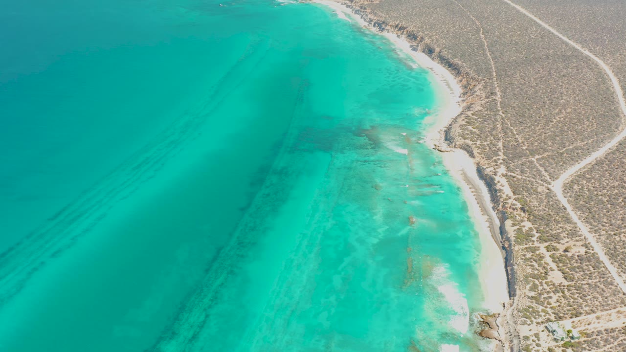 Cabo Pulmo aerial still with broad turquoise water, a curved sandy edge, desert brush, a pale road near the top right, and no visible people.