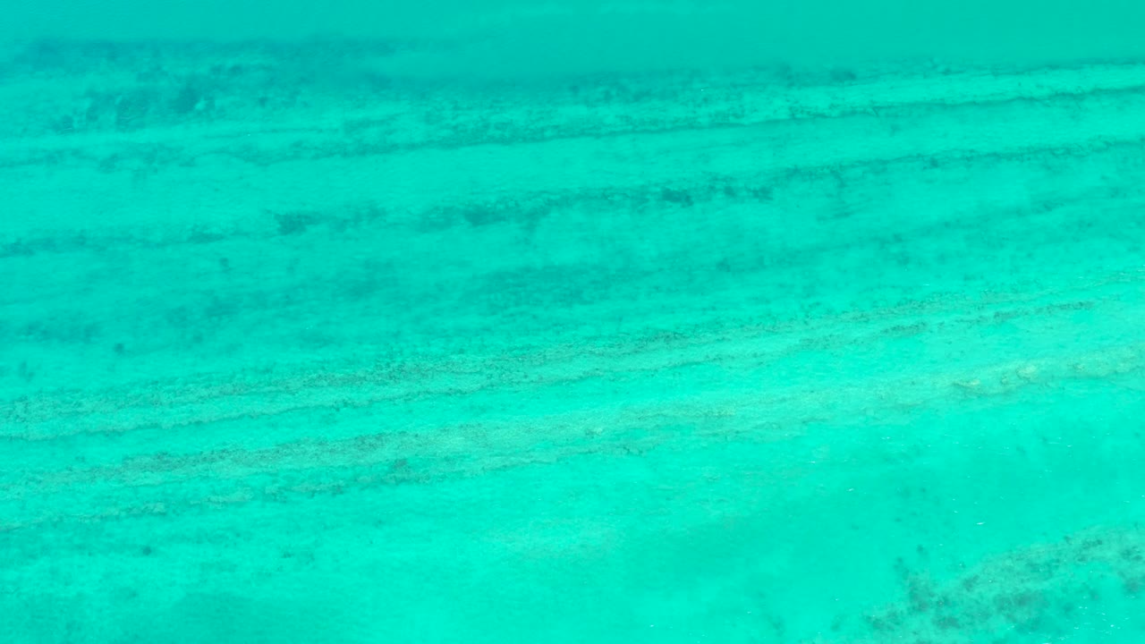 Transparent blue-green water covers a sandy seabed with faint darker textures in Cabo Pulmo, Baja California Sur, and no visible people.