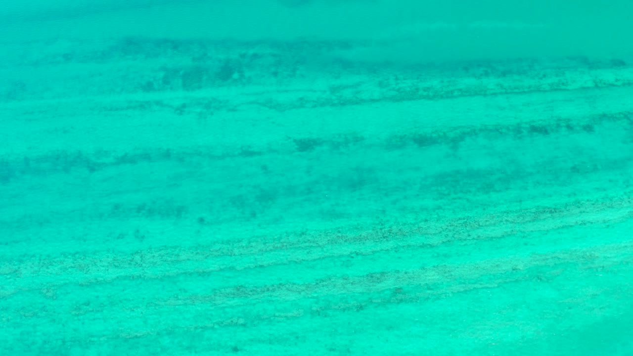 Overhead view of clear turquoise water in Cabo Pulmo, Baja California Sur, with pale seabed bands and no visible people.