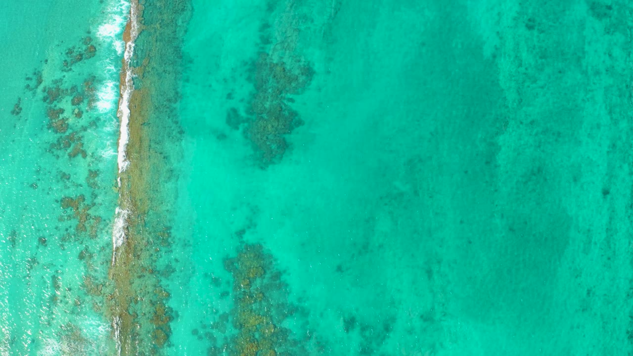 Aerial frame over Cabo Pulmo water with the reef strip near the left side, pale sand color below the surface, scattered darker underwater features, and no visible people.