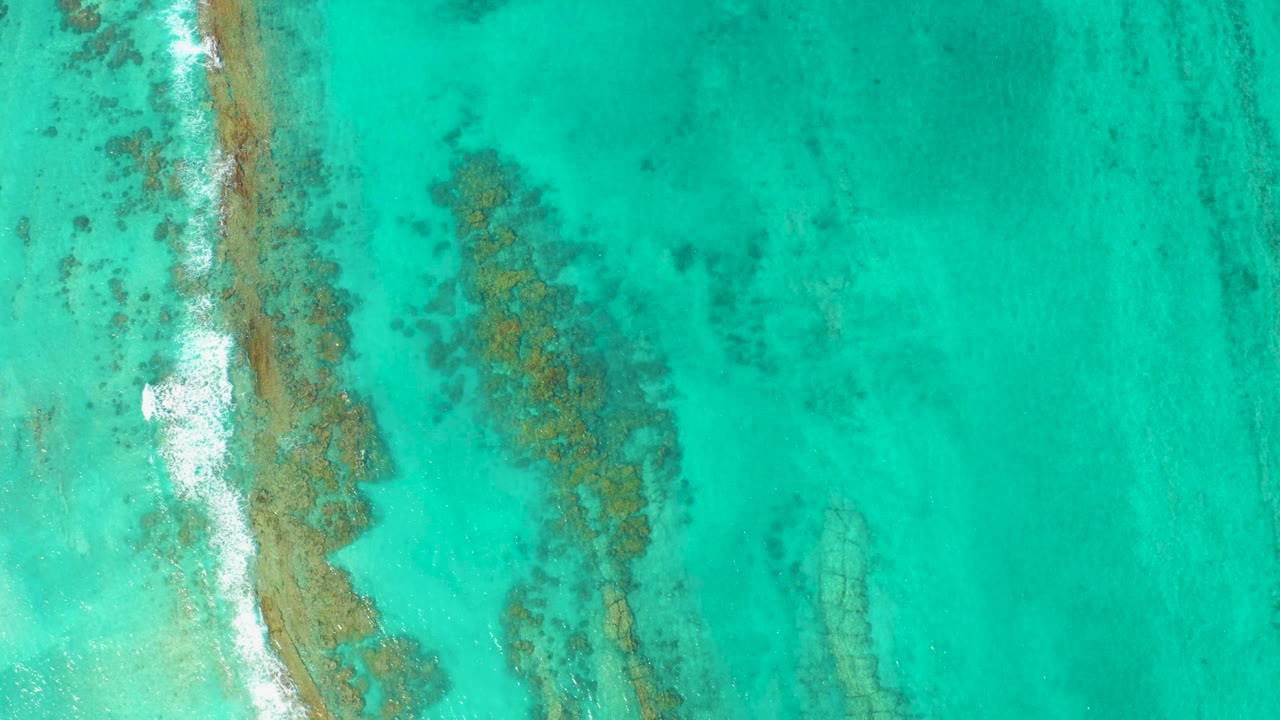 Overhead turquoise water with reef patches and white foam along a narrow shore