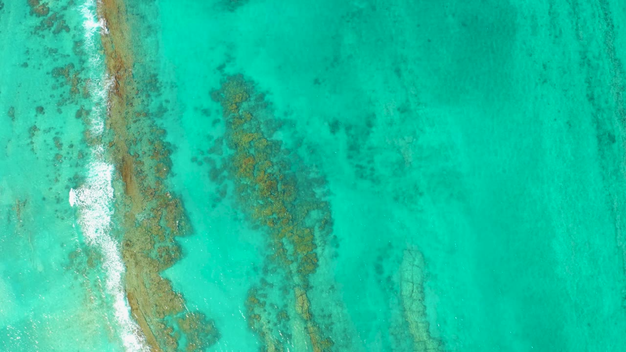 Cabo Pulmo aerial frame showing a thin tan shore at left, white surf breaking beside it, and mottled underwater reef shapes through clear turquoise water, no visible people.