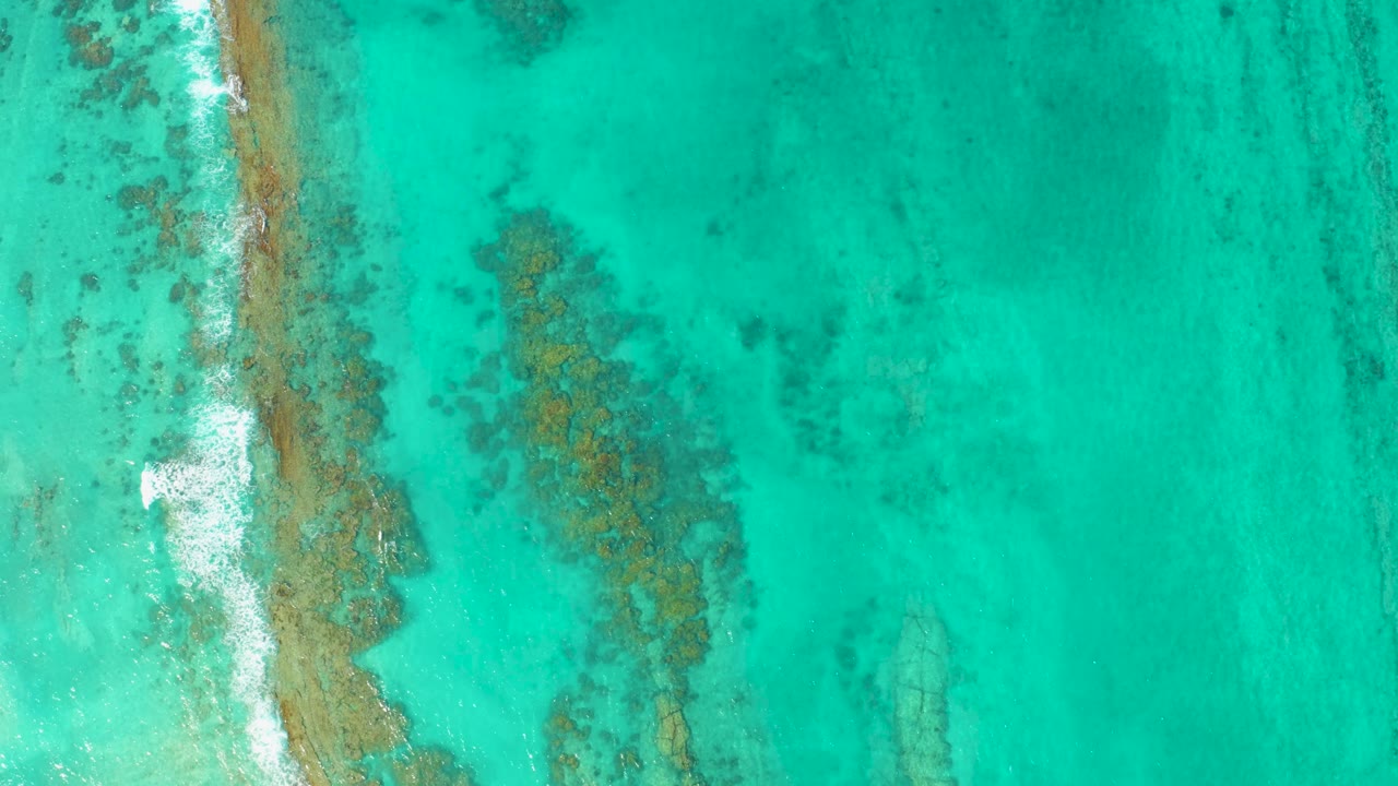Top-down Cabo Pulmo shoreline view with a brighter foam streak on the left edge and scattered dark seabed features under the turquoise water, no visible people.