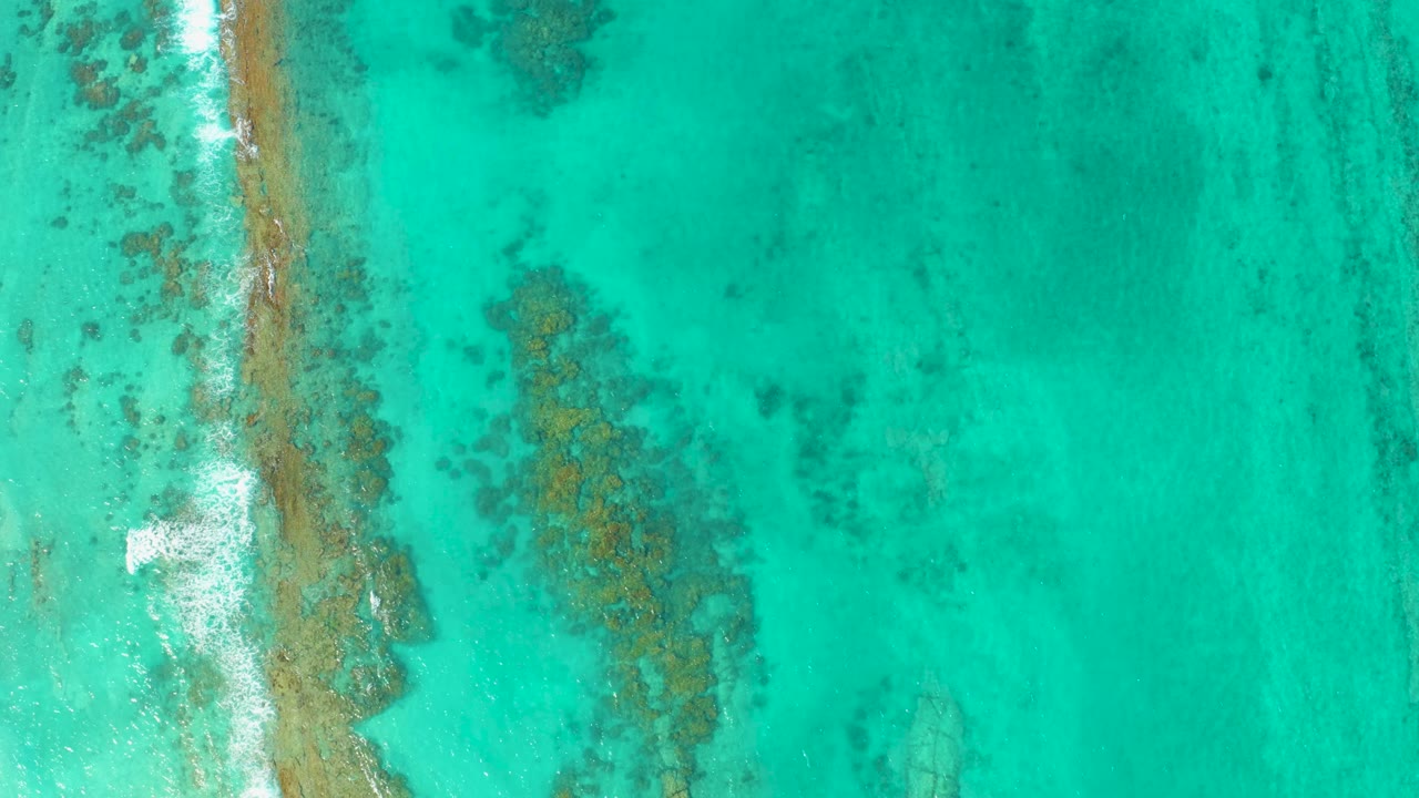Aerial Cabo Pulmo frame with the sandy edge near the left border, a small white wave breaking over it, and green-blue water revealing uneven seabed tones, no visible people.