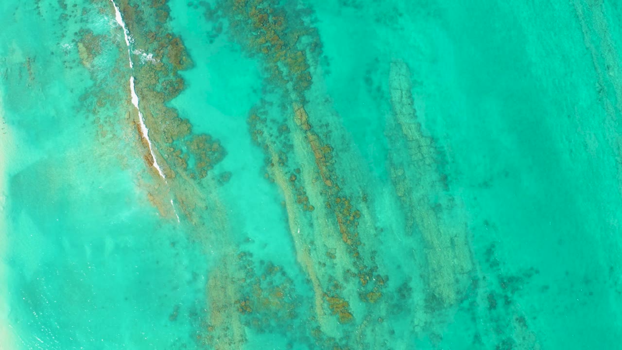 Aerial frame over Cabo Pulmo reef bands, with pale sand-colored water at left, darker coral patches through the center, and no visible people.