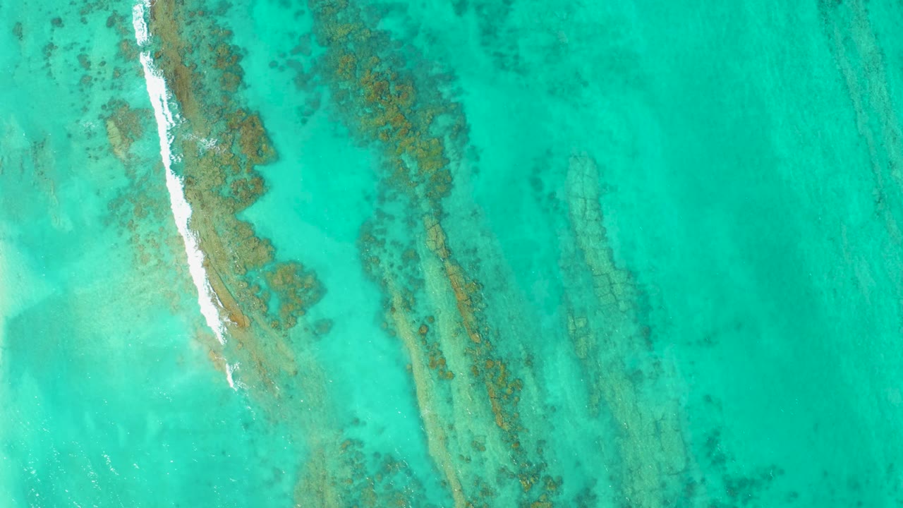 Aerial view of Cabo Pulmo reef formations beneath turquoise water, with a vertical strip of white surf near the left side and no visible people.