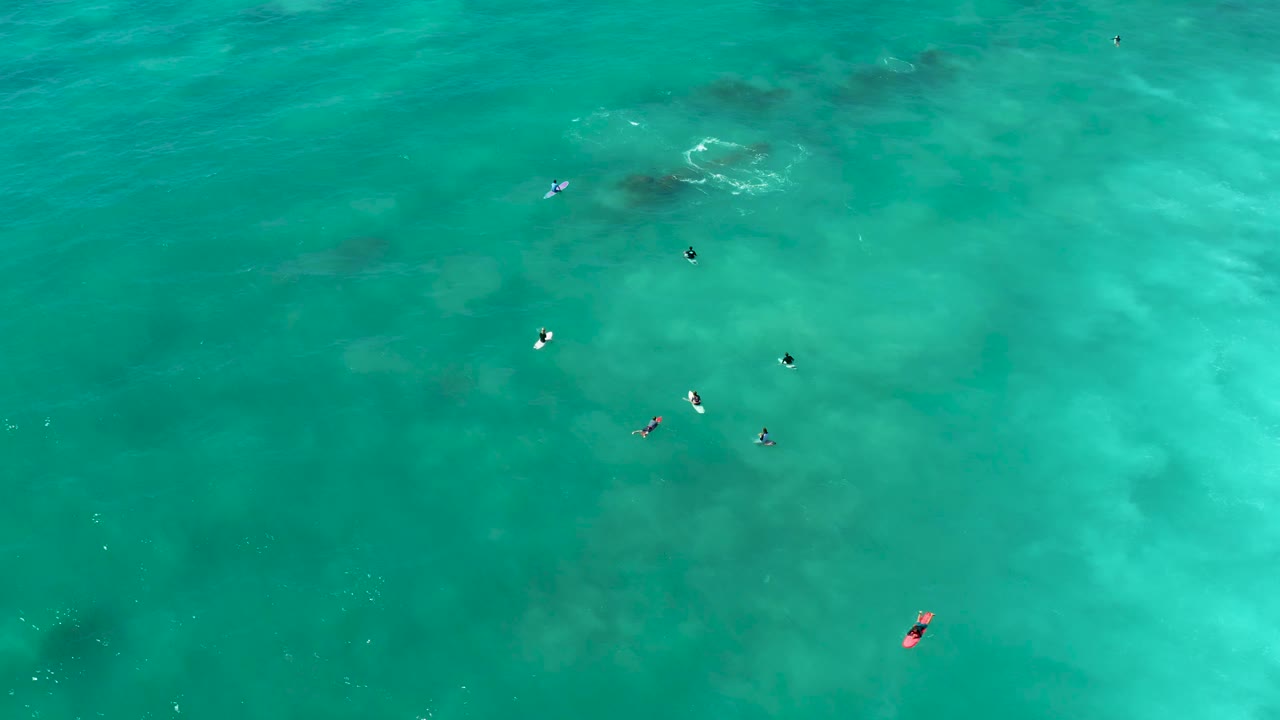 Overhead view at Marquis Los Cabos, Mexico, showing several small swimmers scattered in clear turquoise water with darker seabed patches and a red float near the lower frame.