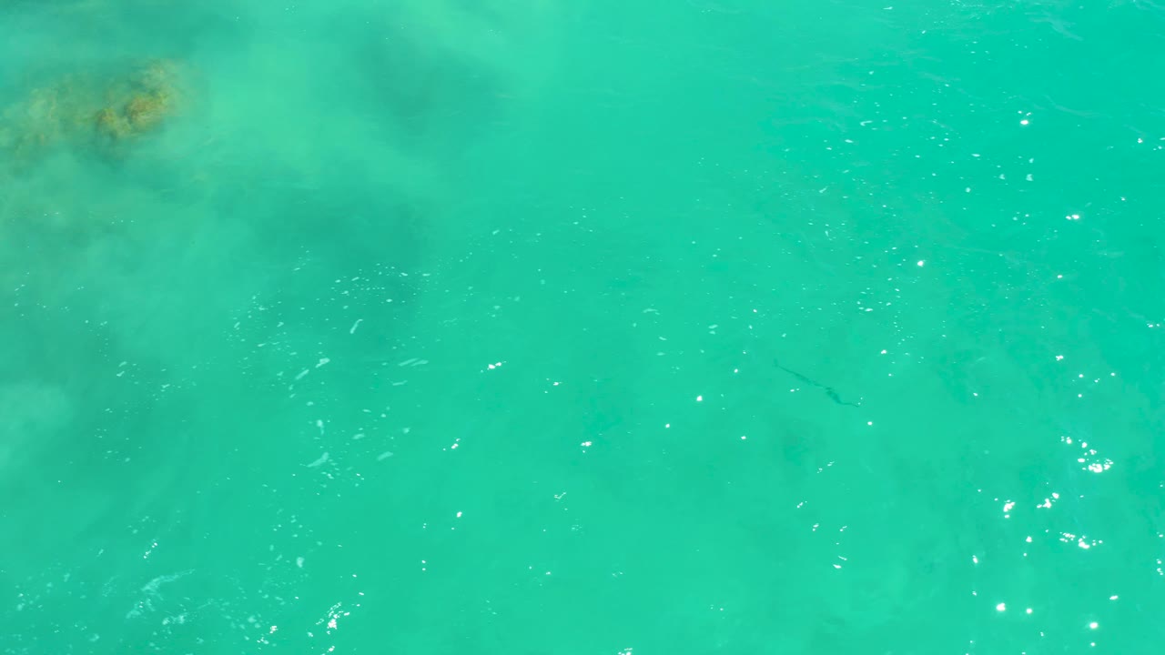 Overhead view of turquoise shallow water at Dreams Los Cabos, with faint small fish near the upper area, pale seabed visible, and no visible people.