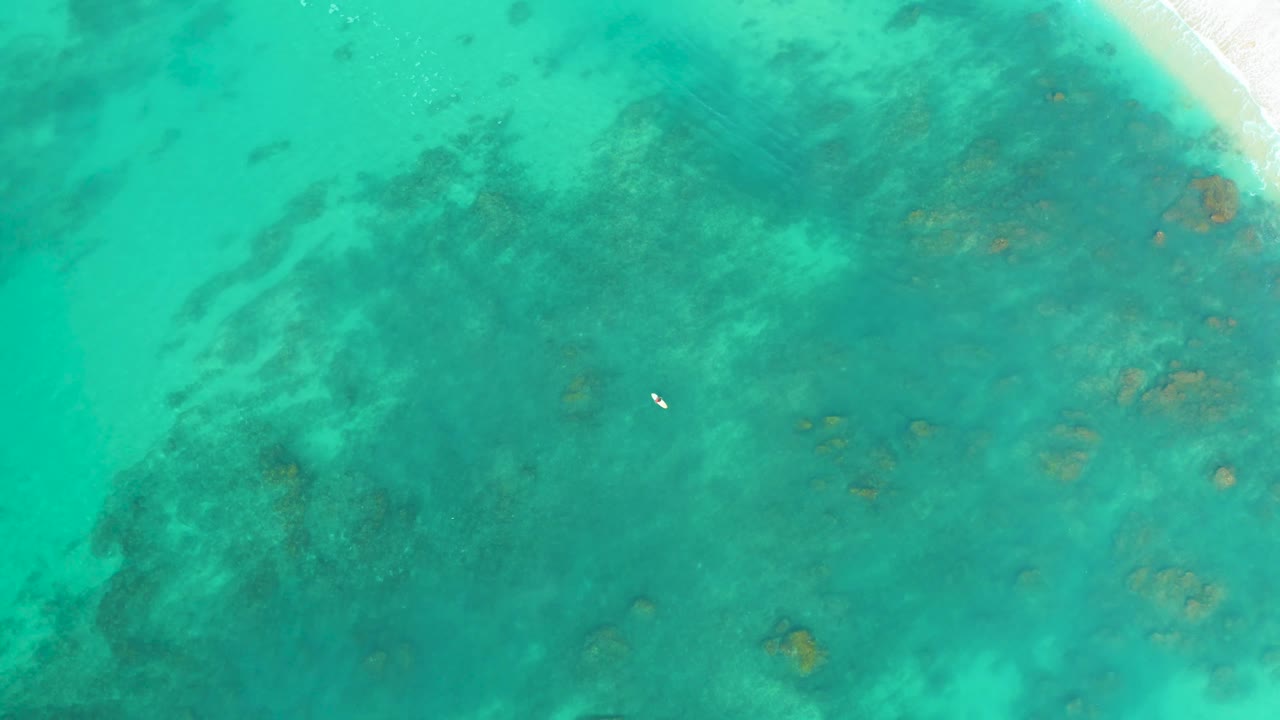 Aerial frame from Shipwrecks Los Cabos shows blue-green shallow water, scattered coral reef patches, a corner of pale shoreline, and no visible people.