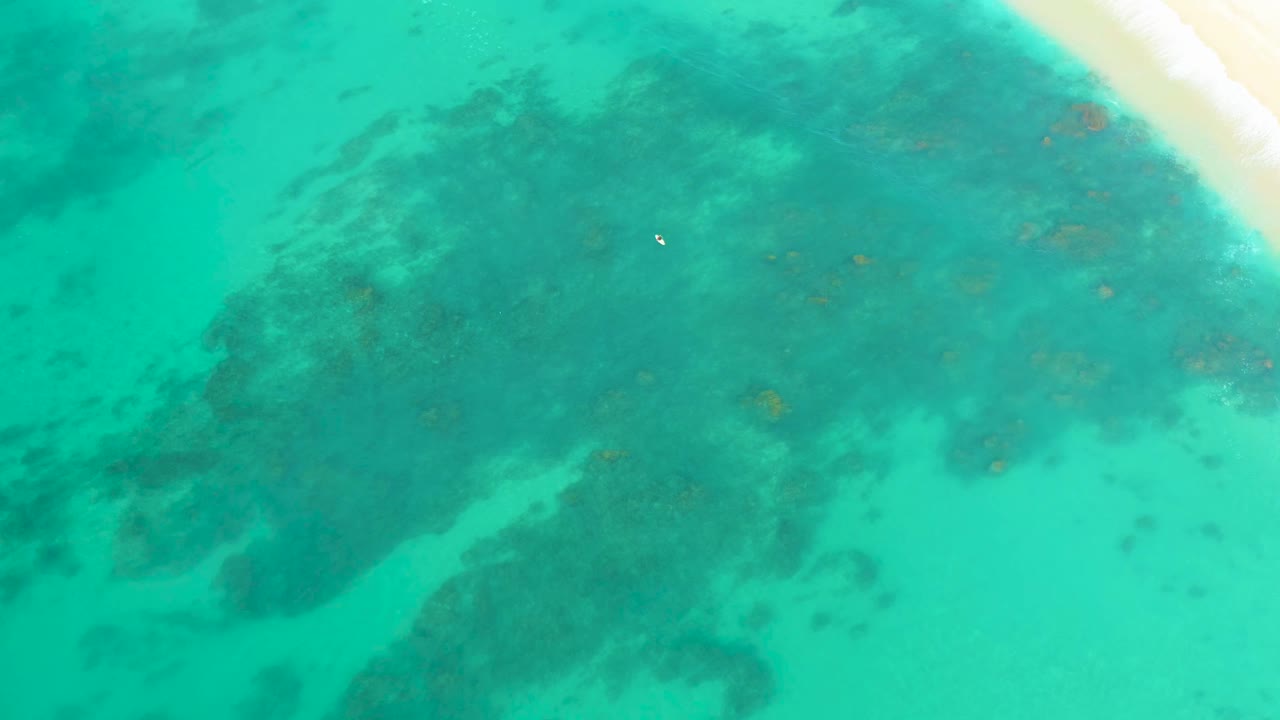 Aerial frame over Shipwrecks Los Cabos showing turquoise shallow water, dark seabed formations, a pale beach edge at the upper right, and no visible people.