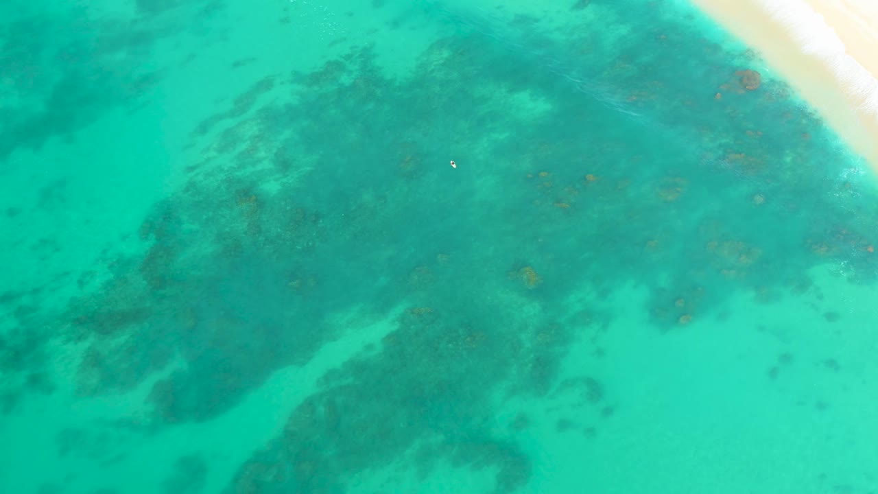 At 0:02, the aerial view over Shipwrecks Los Cabos shows broad turquoise water, darker seabed texture, small brown coral areas, a bright beach corner, and no visible people.