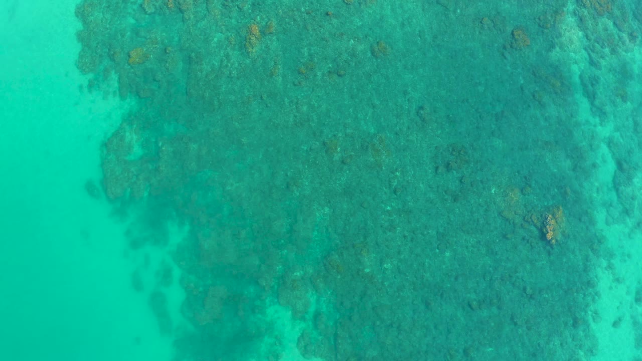Aerial view at Shipwrecks Los Cabos with a large textured reef field on the right, clear turquoise water on the left, and no visible people or boats.
