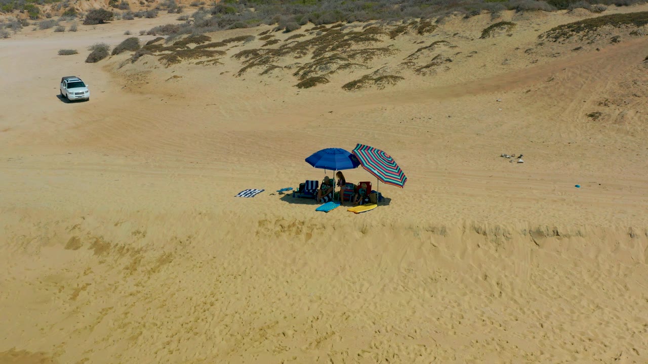 People sit under two umbrellas on sand with towels nearby and a car by the dunes.