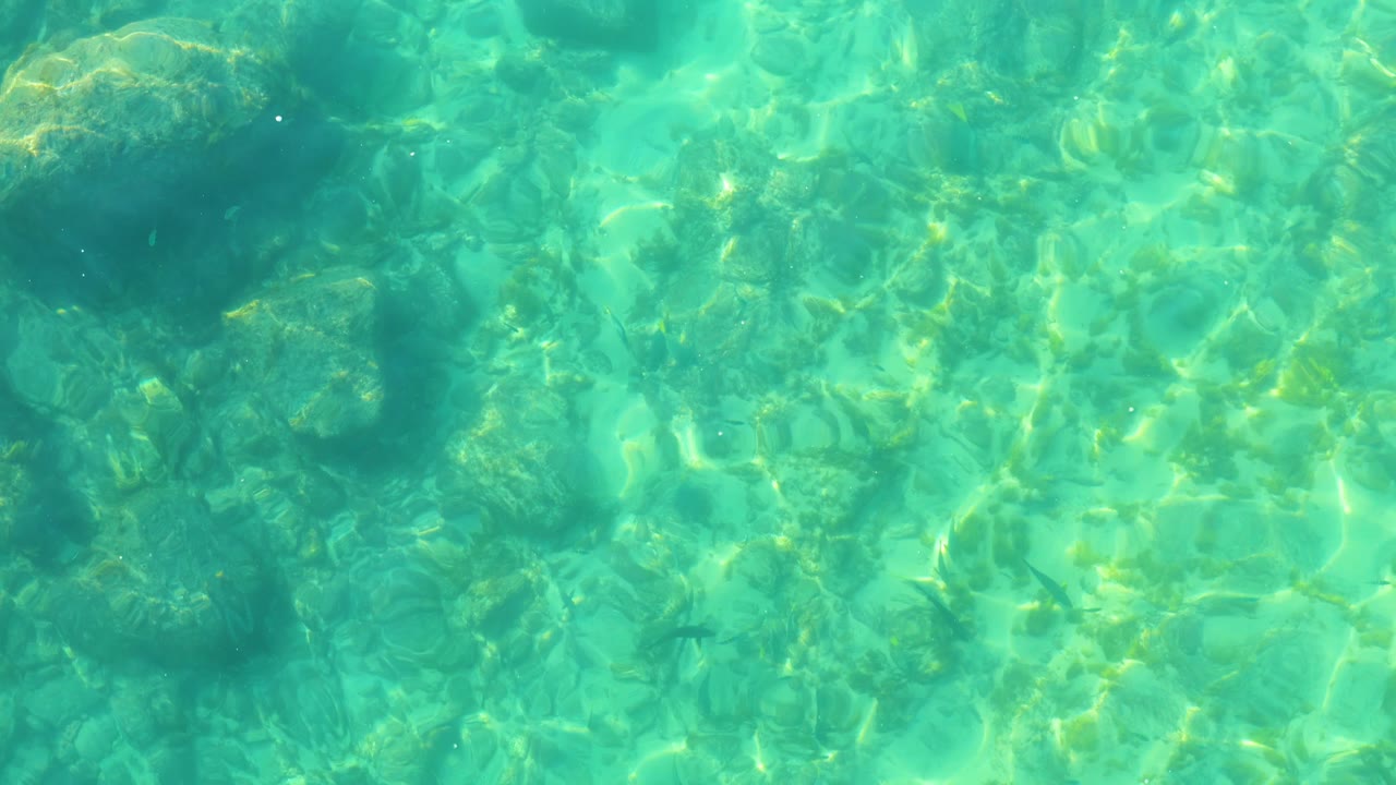 A cluster of submerged rocks sits under clear turquoise water at Shipwrecks Los Cabos as small surface ripples scatter bright highlights, with no visible people.