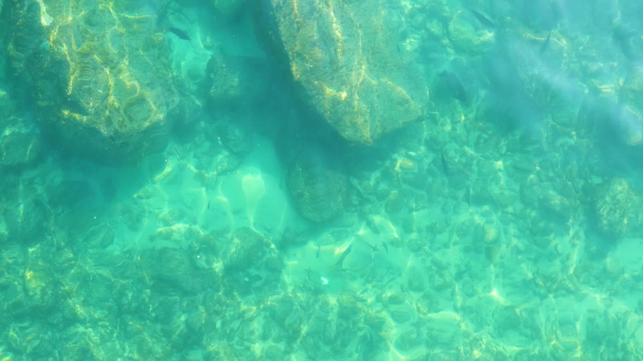 Clear aqua water at Shipwrecks Los Cabos shows a large submerged rock near the upper frame, smaller stones below, shifting sunlight, and no visible people.