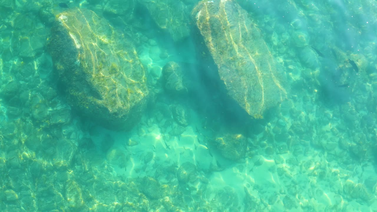 Rippled turquoise water reveals a rocky ocean floor with a large light-toned rock near the upper frame and no visible people.
