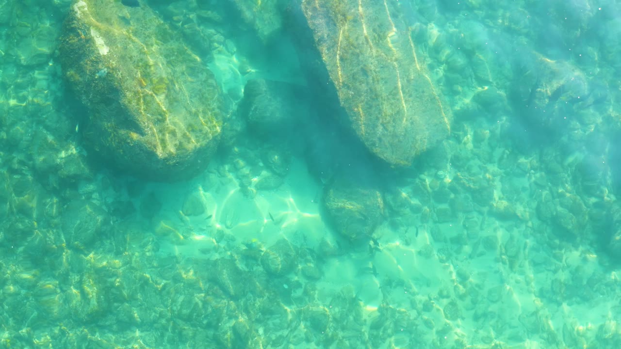 Large underwater rocks sit beneath turquoise sea water with algae-darkened areas and no visible people in the frame.