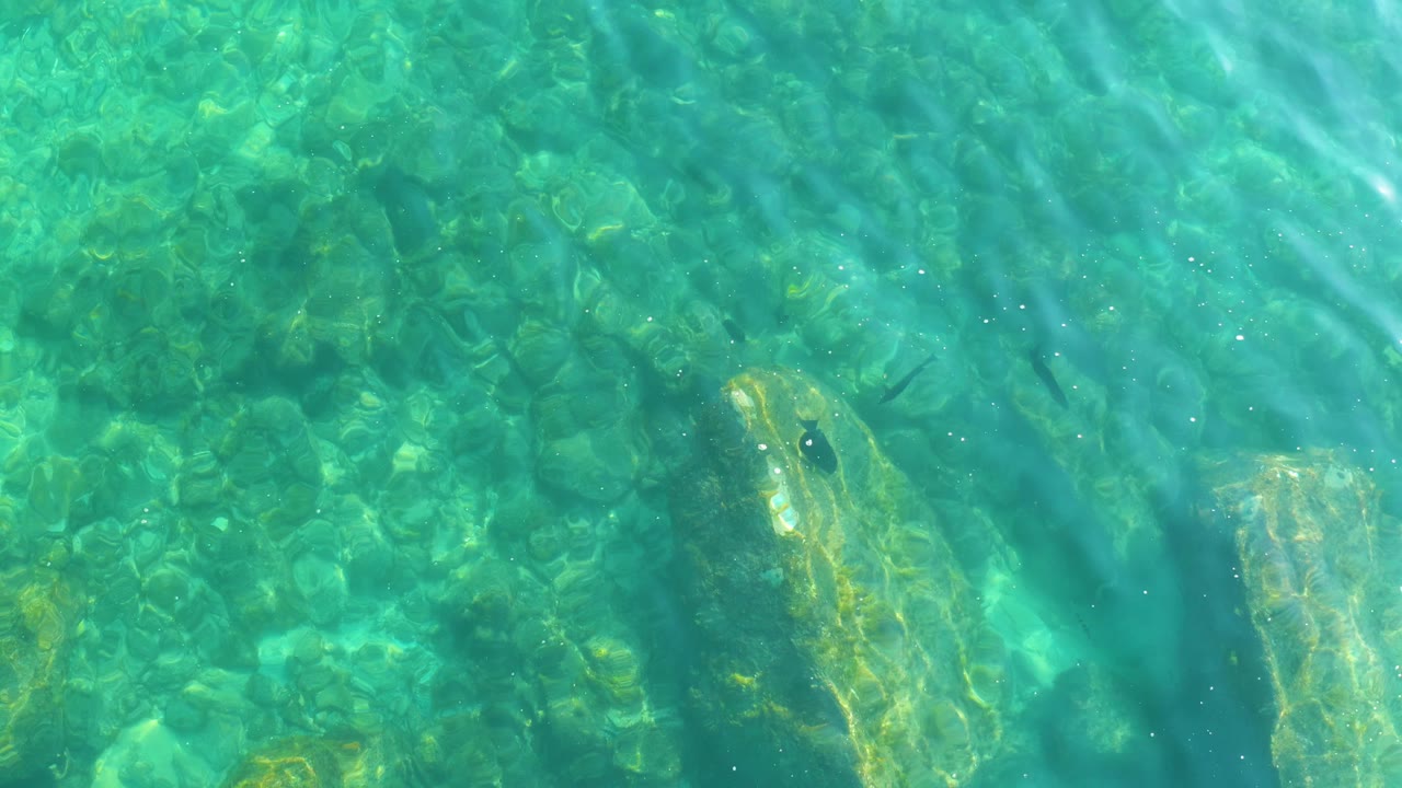 Turquoise water over a rocky seabed with submerged rocks