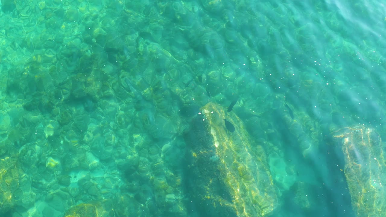 At Shipwrecks Los Cabos, rippling turquoise water reveals dense small rocks across the seabed with pale submerged stones at the lower edge and no visible people.