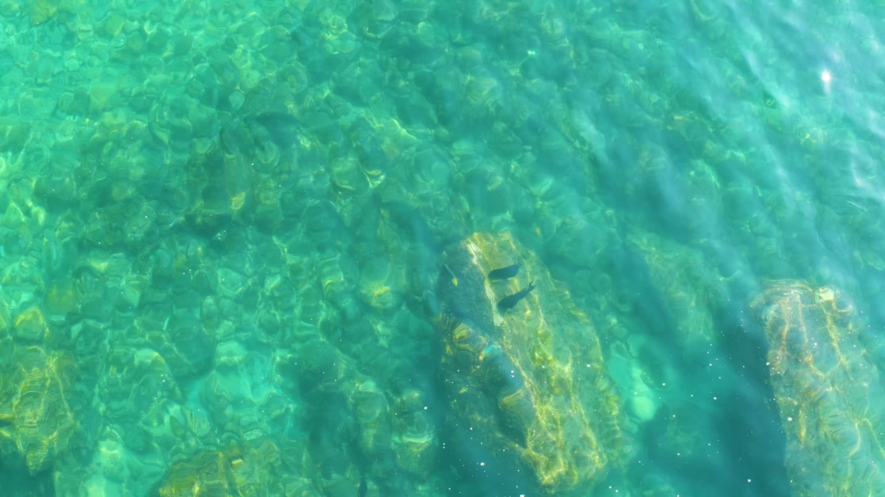 The overhead view holds on clear turquoise water at Shipwrecks Los Cabos, with a small fish near the rocks and brighter wave highlights entering from the right, with no visible people.