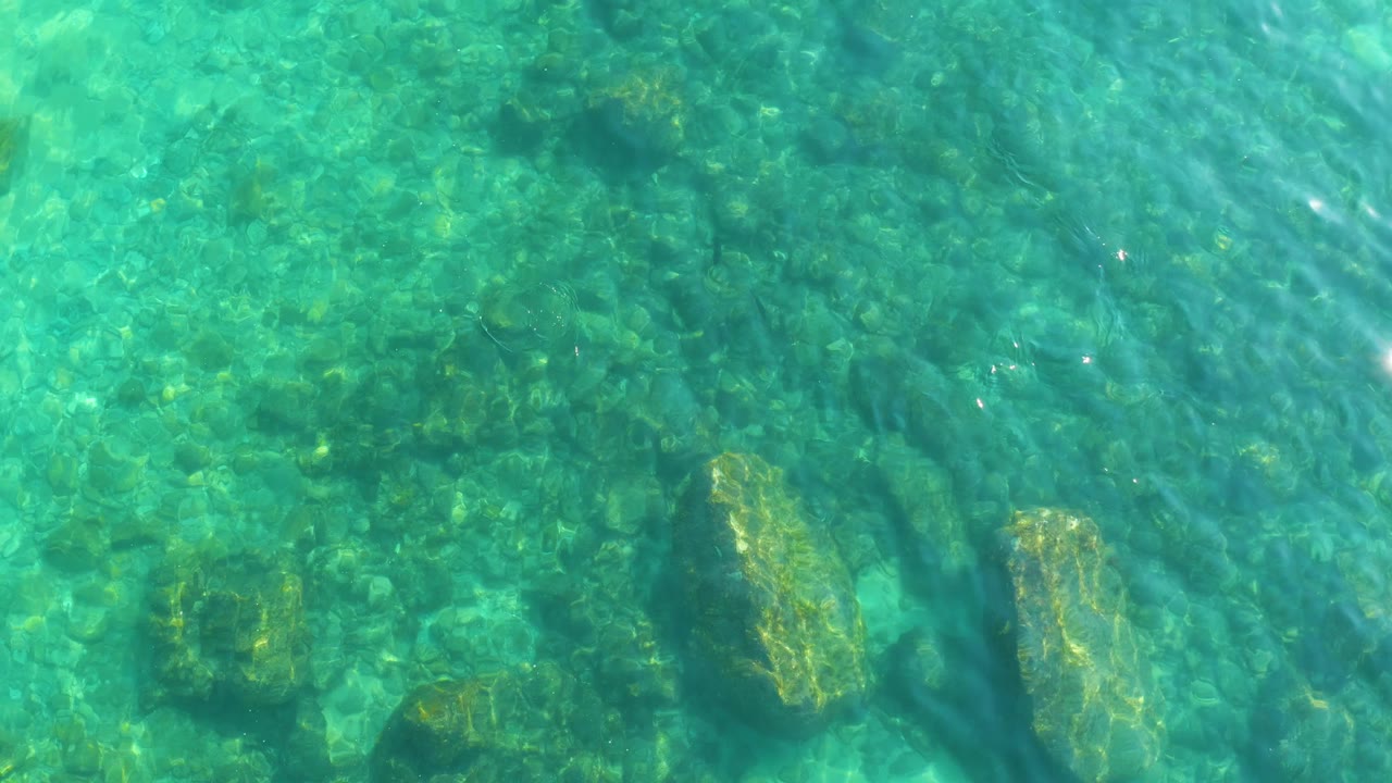 Turquoise shallow water over rocks and algae