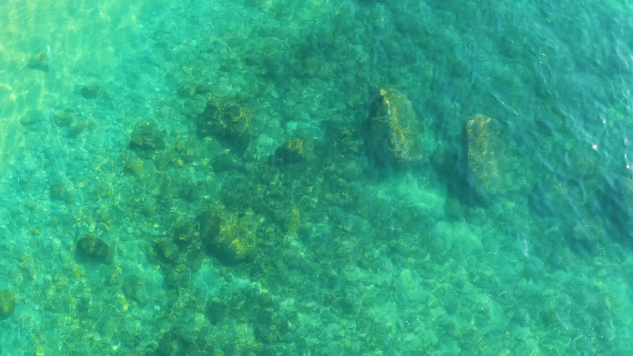 At Shipwrecks Los Cabos, rippled turquoise water brightens the rocky ocean floor and algae patches, with no visible people.