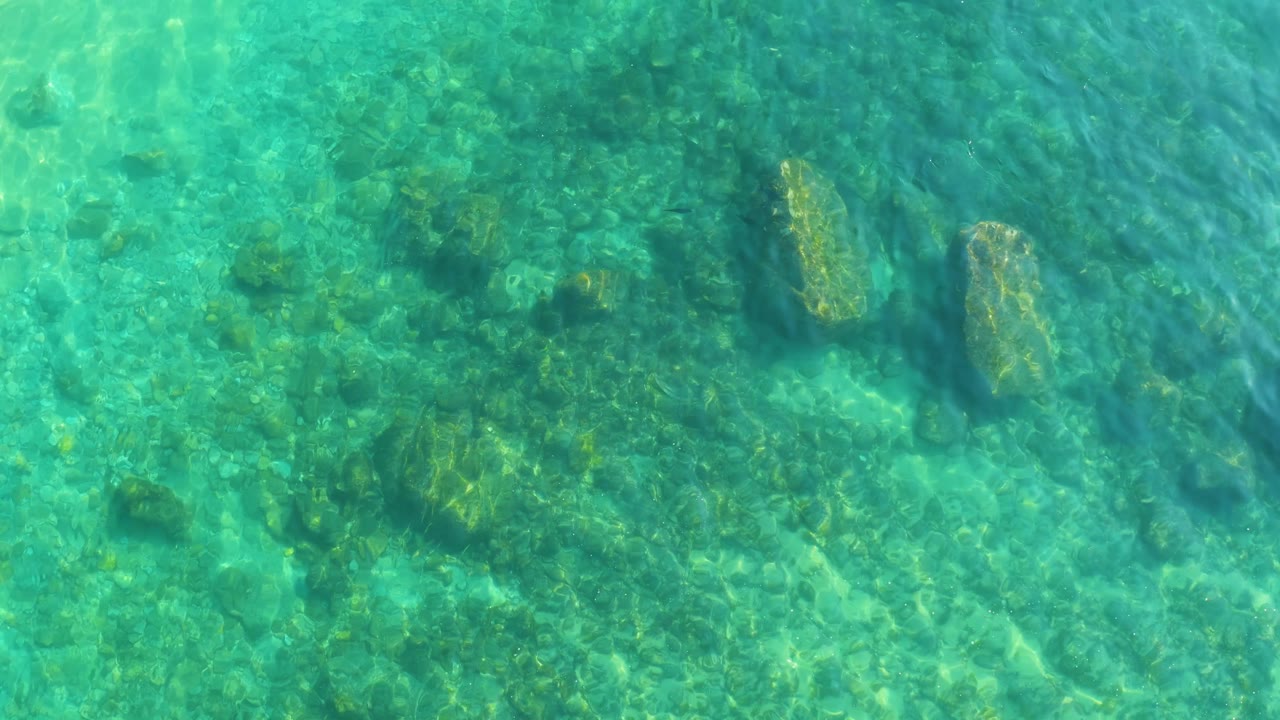 At Shipwrecks Los Cabos, algae-covered rocks sit under transparent turquoise water as ripple lines cross the seabed, with no visible people.