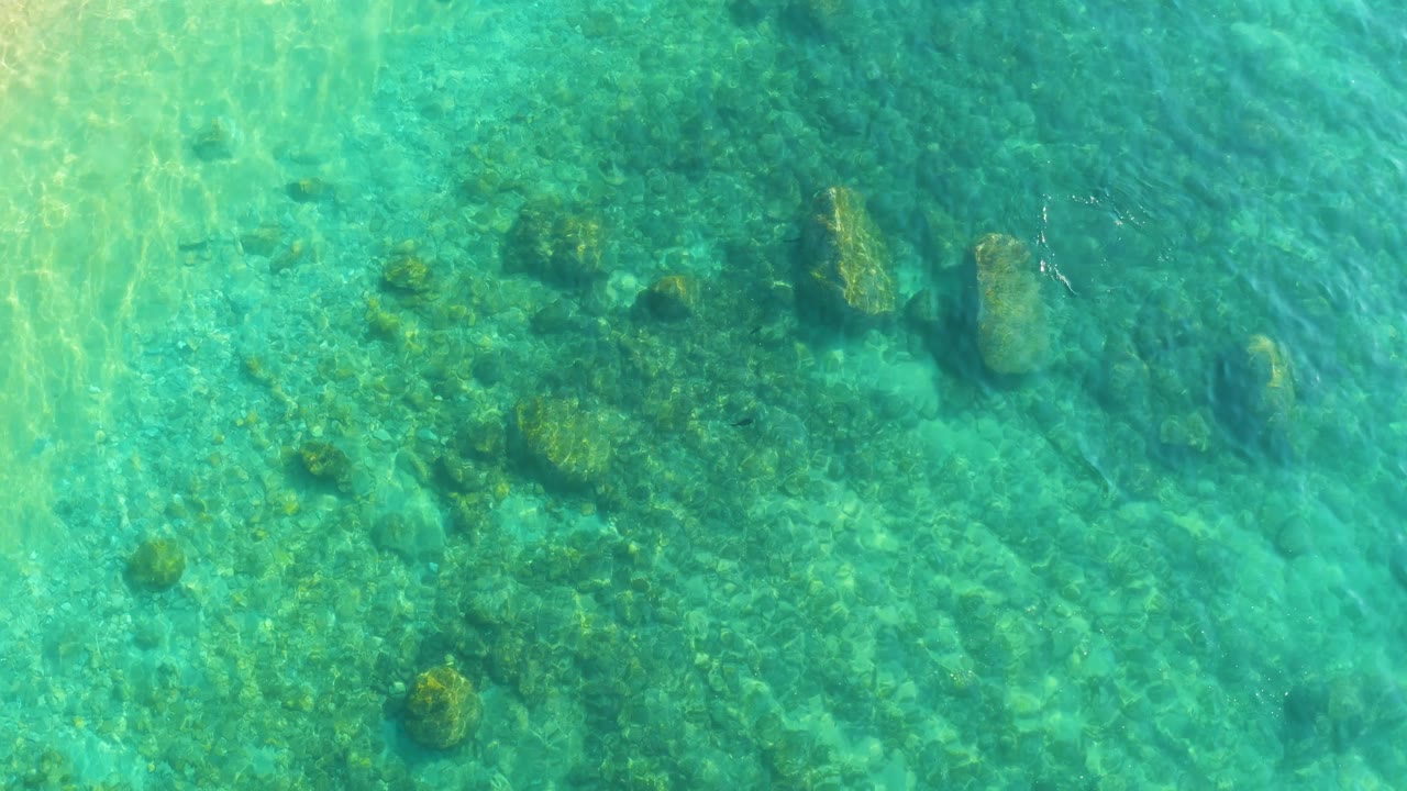 Top-down view of clear turquoise water over a rocky seabed at Shipwrecks Los Cabos, with scattered algae patches and no visible people.