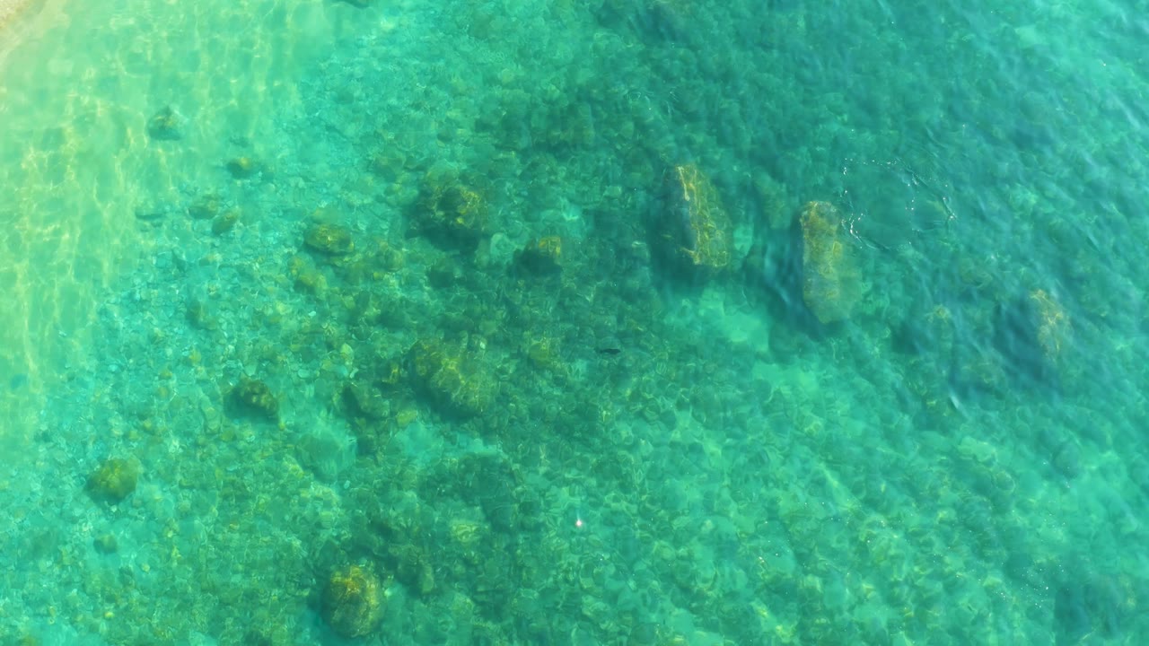 A rocky seabed sits beneath rippled turquoise water at Shipwrecks Los Cabos, with darker vegetation patches near the upper center and no visible people.