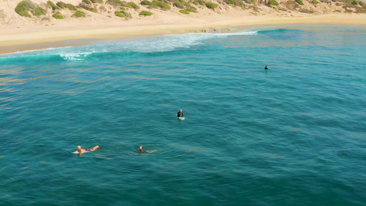 Aerial ocean view with swimmers below a sandy beach and dune line.