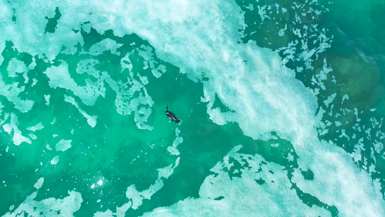 Turquoise ocean with a tiny surfer below a sweeping foam band.