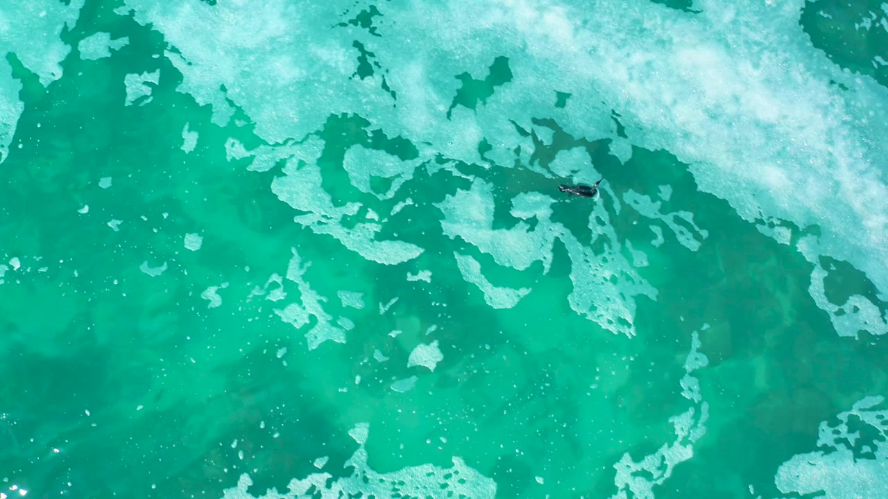 Turquoise water and foamy white patches with a surfer near the top of the frame.