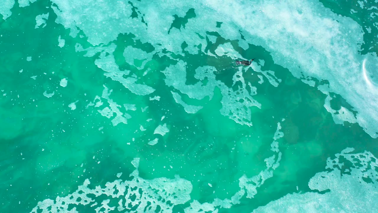 Top-down view at Marquis Los Cabos, Mexico showing a tiny surfer near the upper left of the frame, with pale foam streaks and clear turquoise water below, no recognizable face visible.