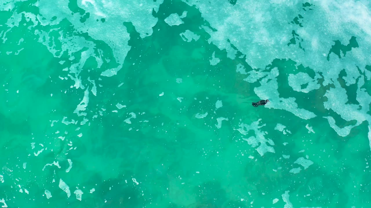 Turquoise water and pale patches with a small swimmer left of center.
