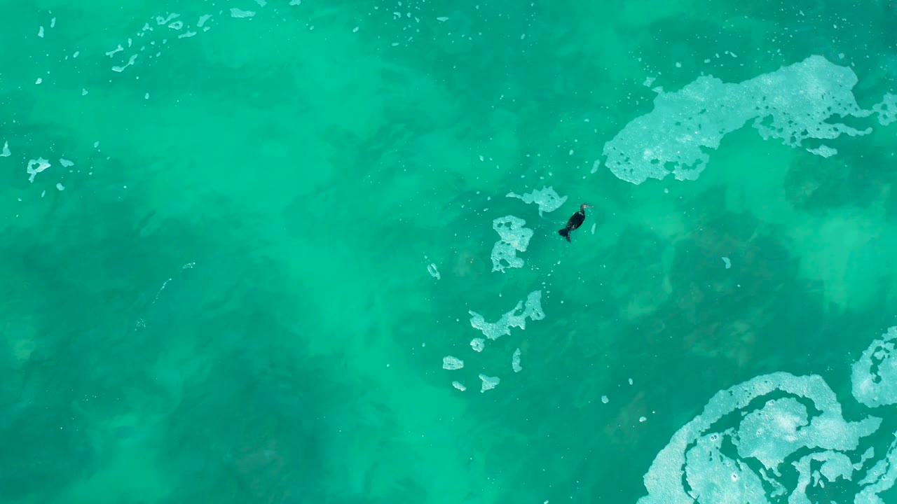 A lone swimmer appears near the upper right of the overhead ocean view at Marquis Los Cabos, Mexico, with larger foam patterns gathering lower in frame.