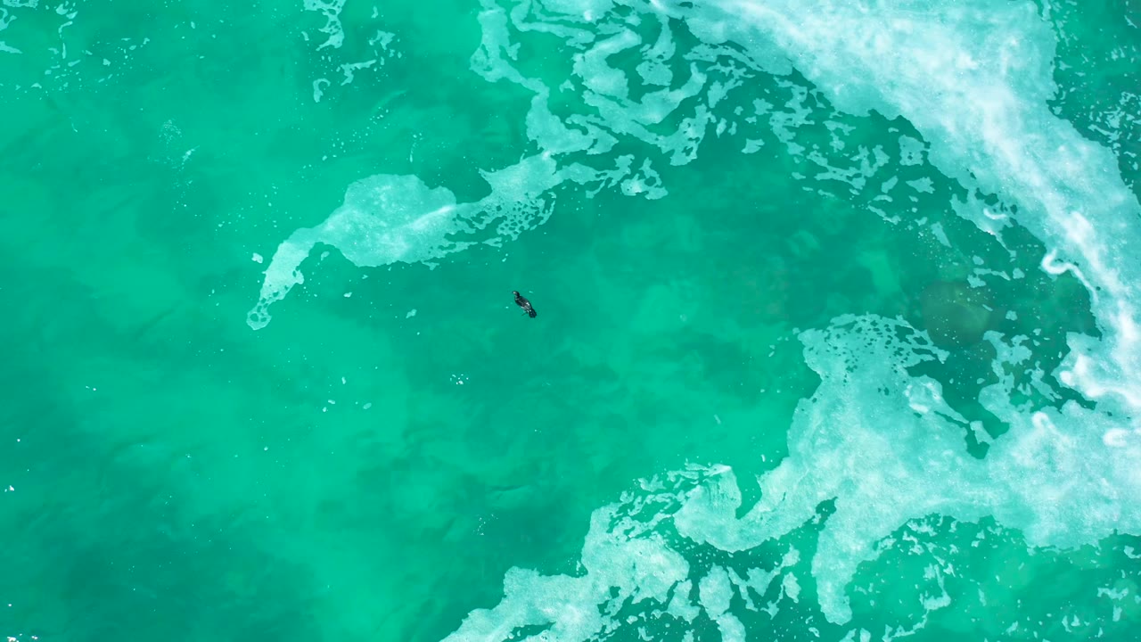 At Marquis Los Cabos, Mexico, an overhead frame shows the person slightly right of center in turquoise water, with a broad white foam band entering from the upper right.