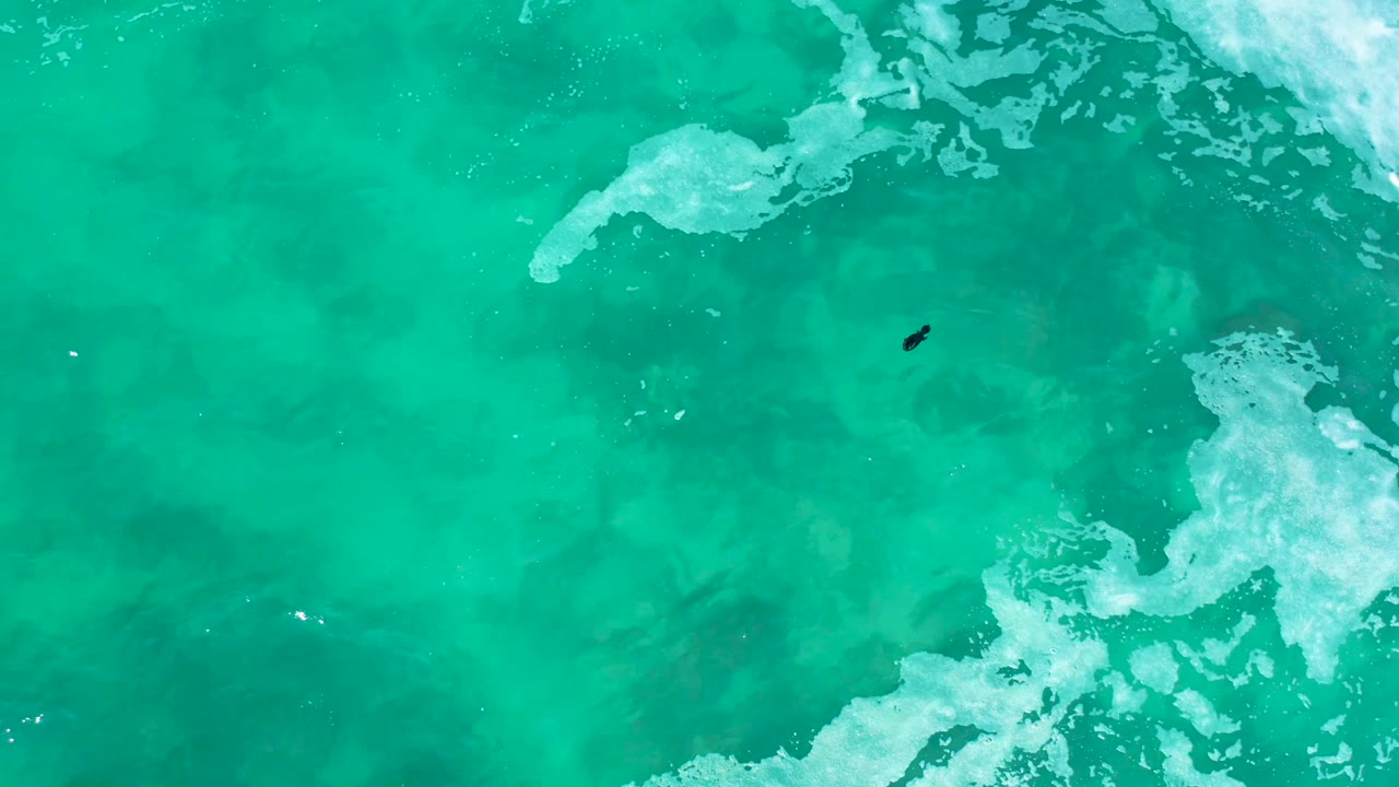 Overhead ocean view at Marquis Los Cabos with a dark swimmer near the right-center area and white surf foam curling through the upper and lower right portions of the frame.