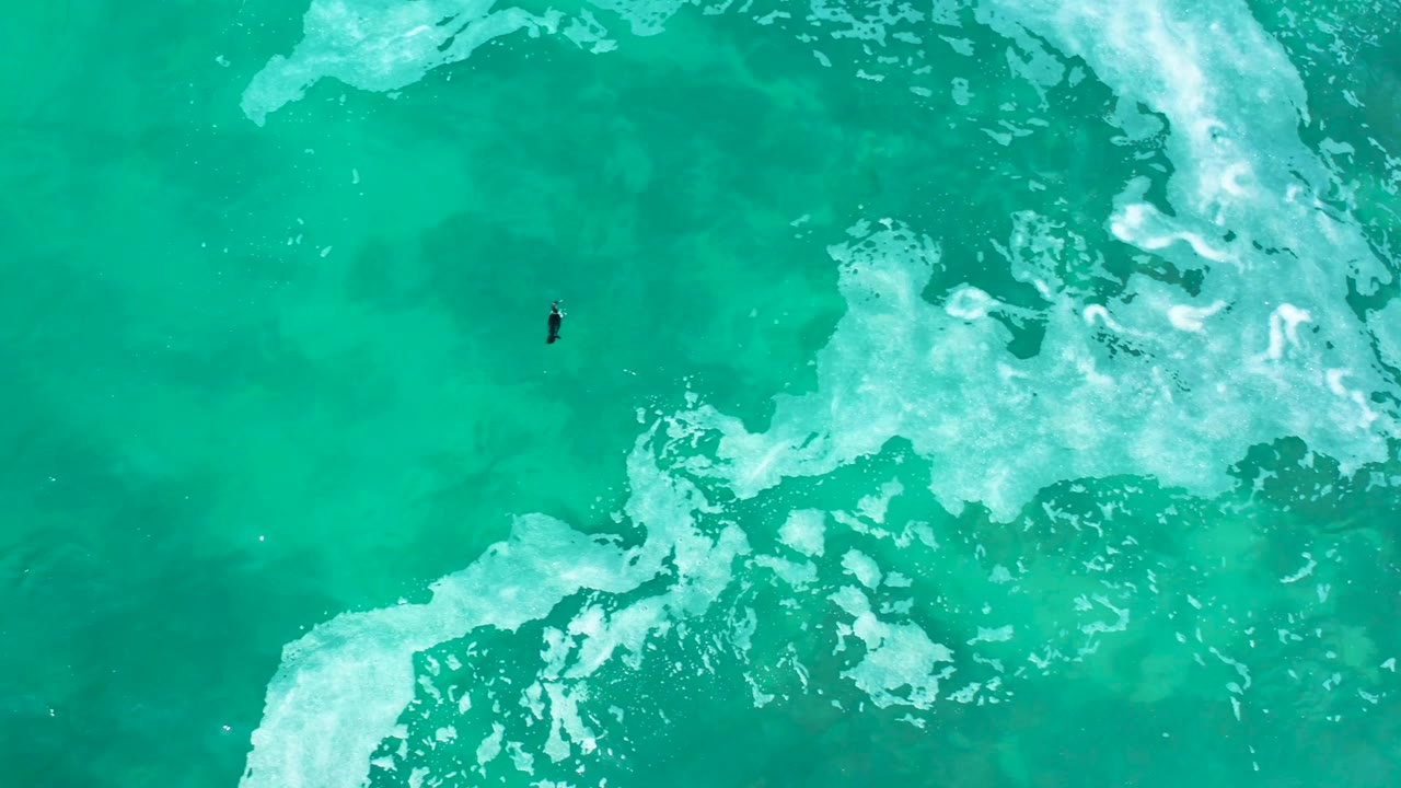 At Marquis Los Cabos, Mexico, the overhead view places the small surfer near the upper middle-left with bright white foam concentrated along the right side of the turquoise water.