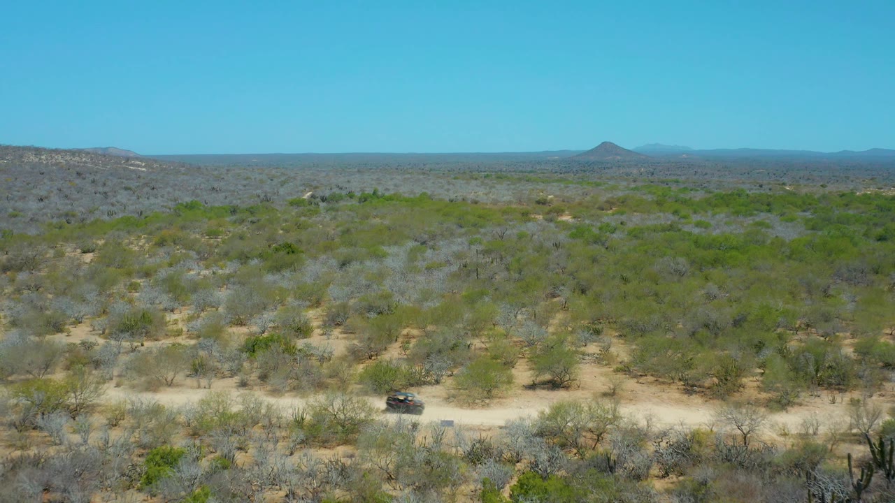 A small car appears on the dirt road at the right side of the La Laguna Beach Los Cabos desert frame, surrounded by shrubs, cacti, hills, and no visible people.