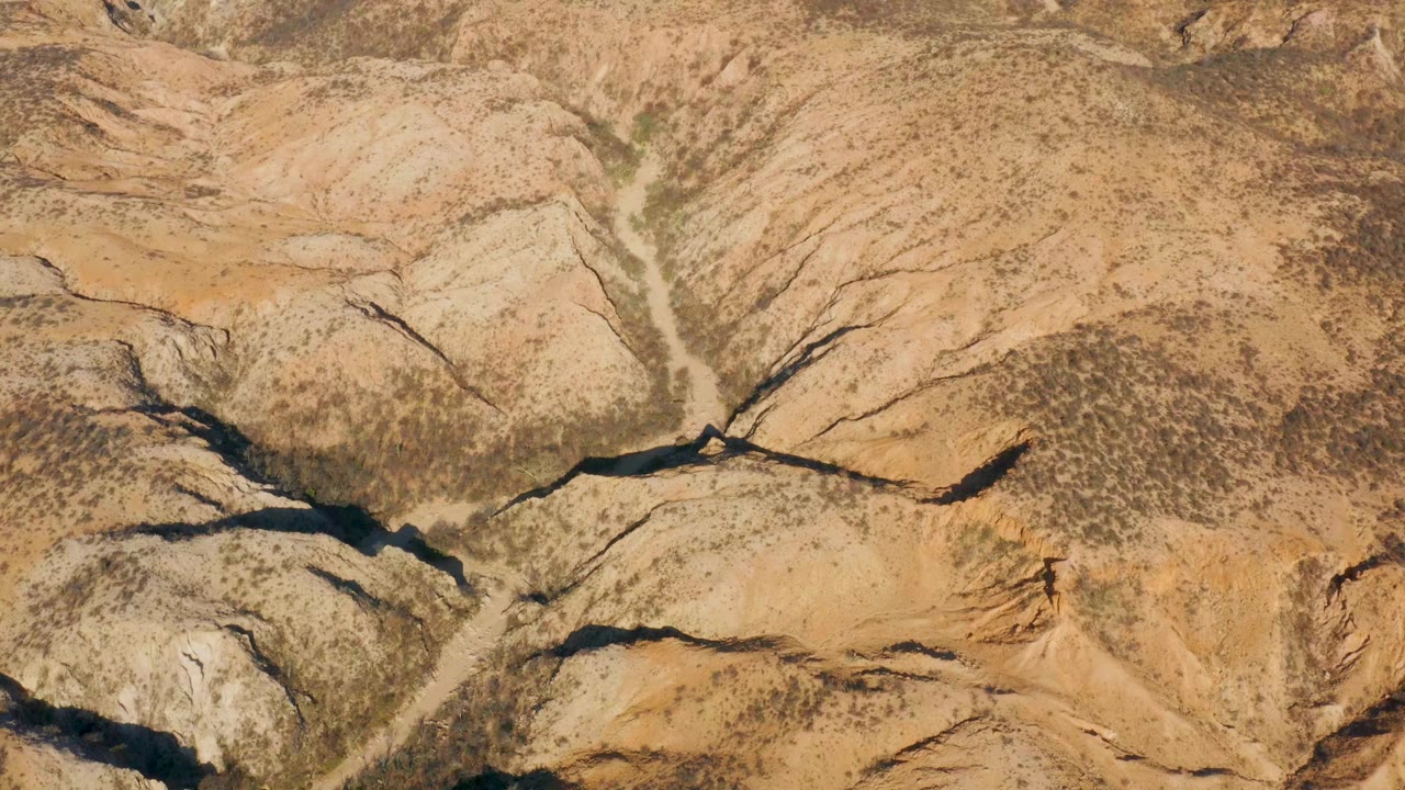 Overhead frame from Cabo Pulmo showing sandy ridges, black shadowed gullies, a pale crossing track, scattered scrub, and no visible people.