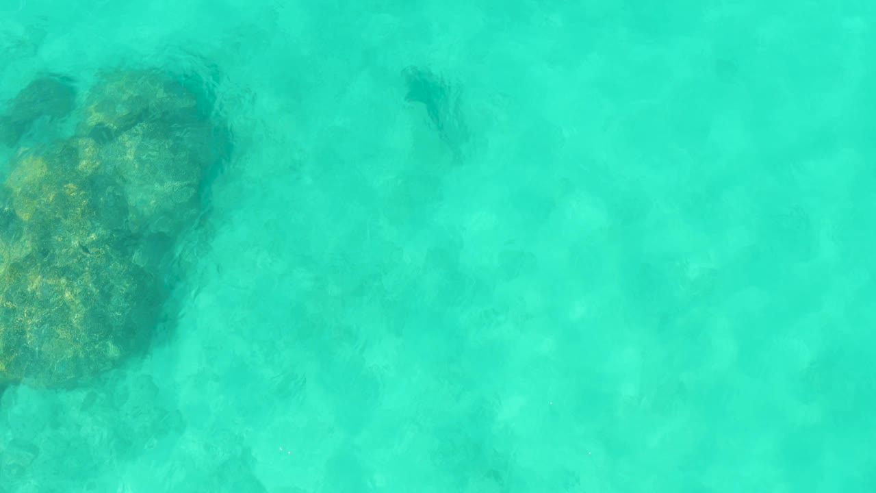 Overhead Cabo Pulmo frame with a large rock in the upper left area, a small fish near the top, and pale sandy seabed visible through turquoise water, with no visible people.