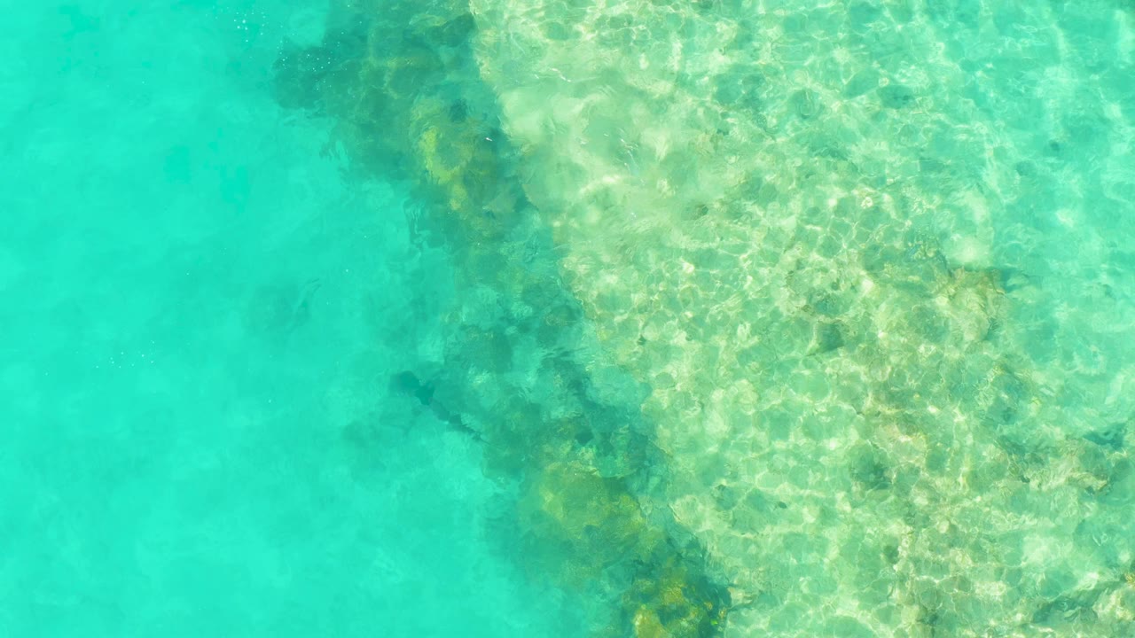Overhead view of clear turquoise Cabo Pulmo water with pale submerged reef texture and no visible people.
