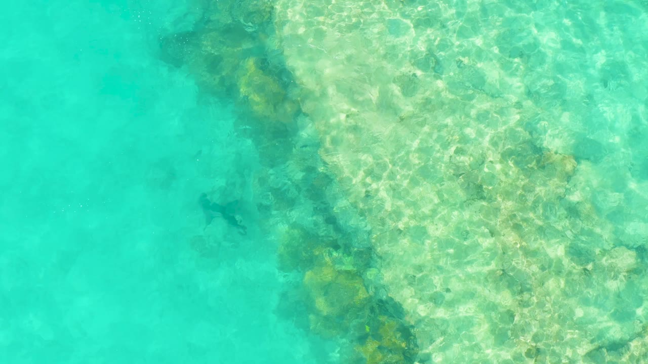 An overhead Cabo Pulmo frame shows the reef edge running through clear turquoise water, with darker underwater patches and no visible people.