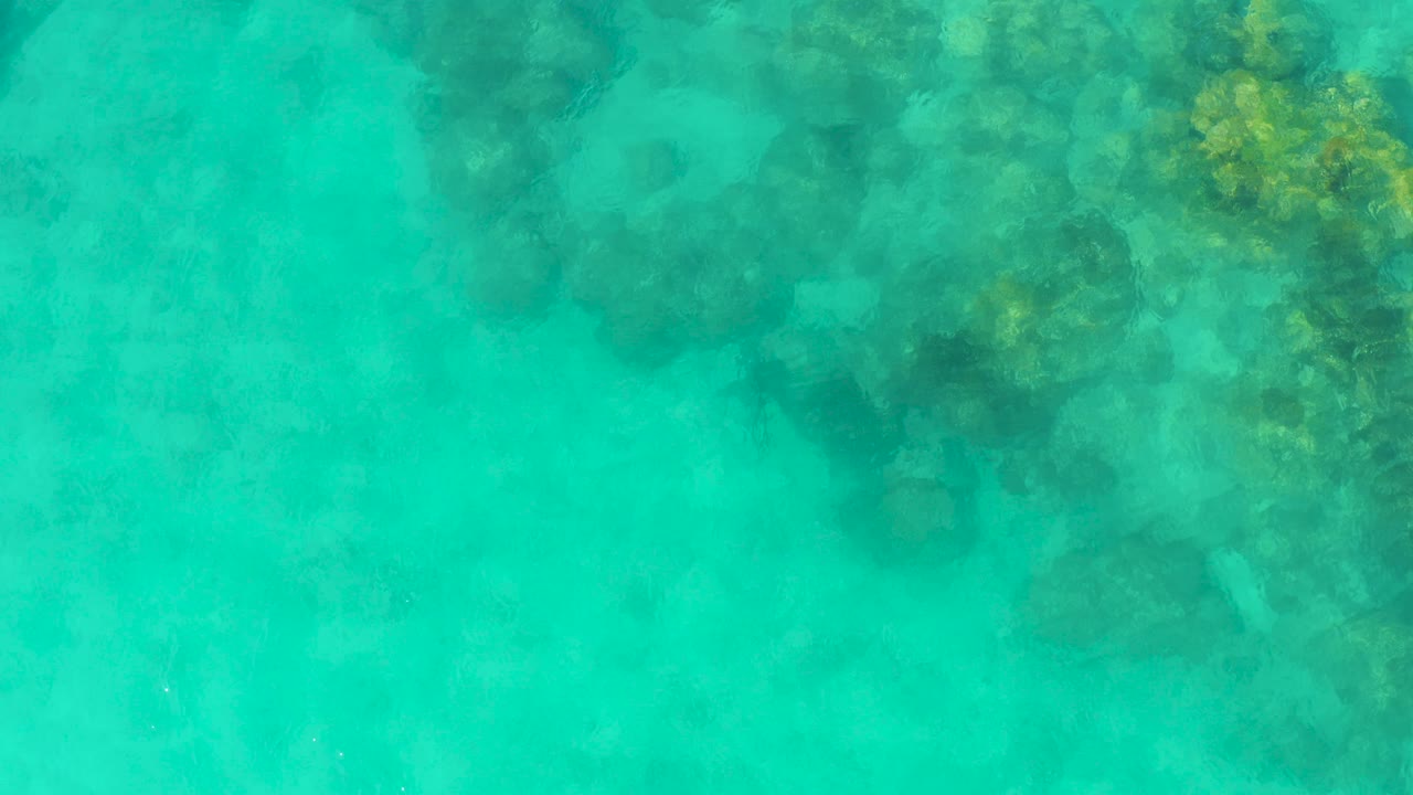 Bright turquoise water covers scattered reef patches and darker rocks in Cabo Pulmo, Baja California Sur, with no visible people.