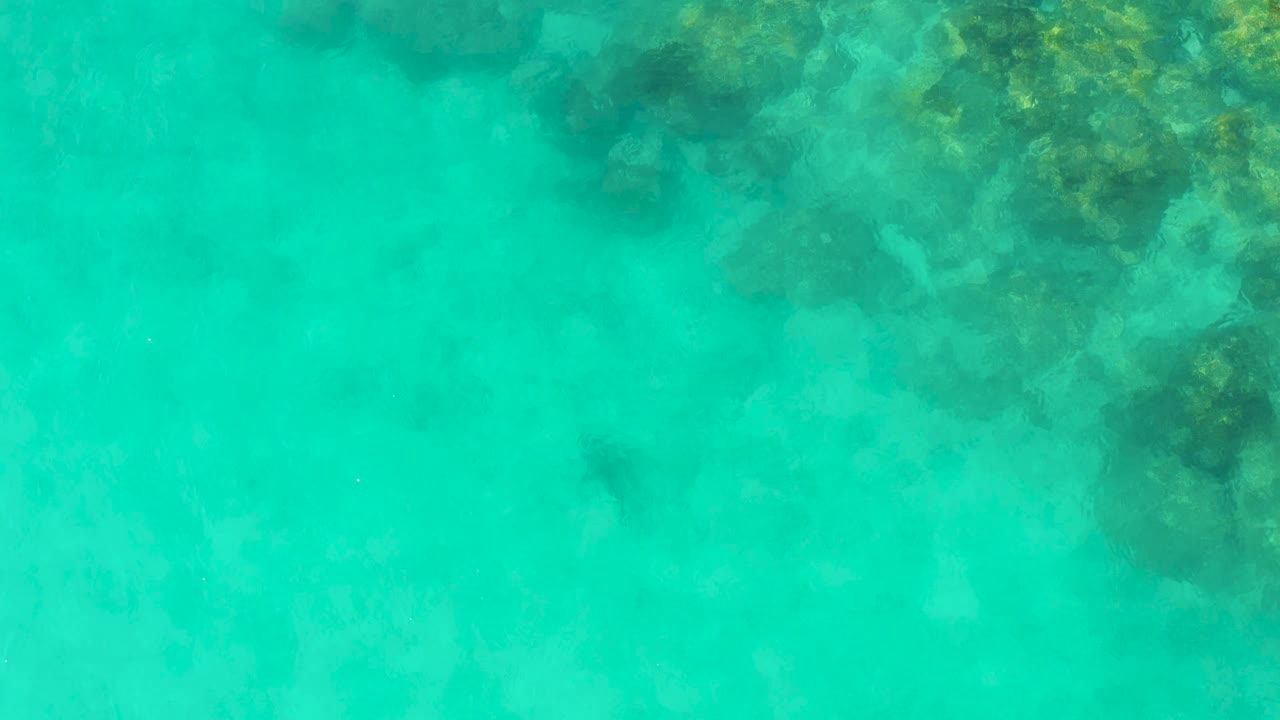 Cabo Pulmo shallows seen from above, with blue-green water covering darker underwater rock patches across the upper half and no visible people.