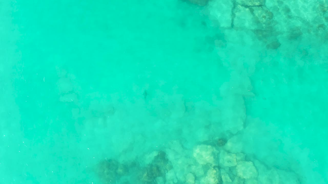 Transparent turquoise water fills the frame while faint rocky seabed shapes sit beneath the surface in Cabo Pulmo, with no visible people.